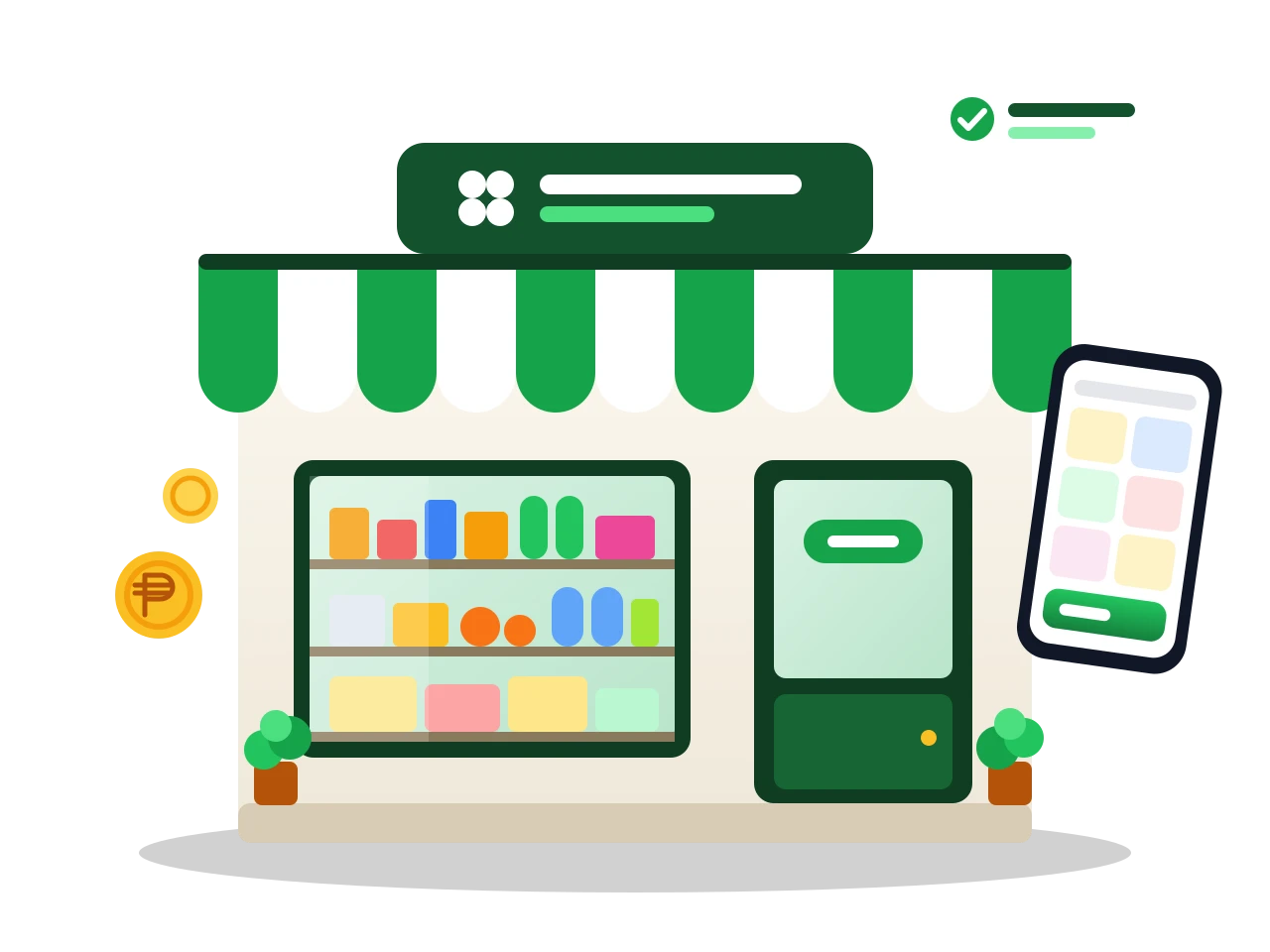 A neighborhood store with a green awning, a phone running the POS app, and a synced checkmark